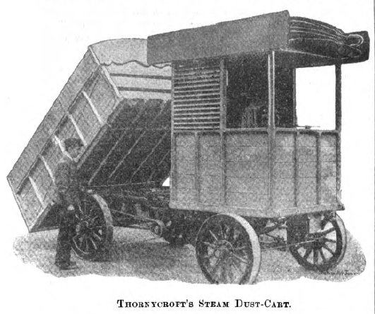The first self-propelled garbage trucks were ordered by Chiswick District Council from the Thornycroft Steam Wagon and Carriage Company, 