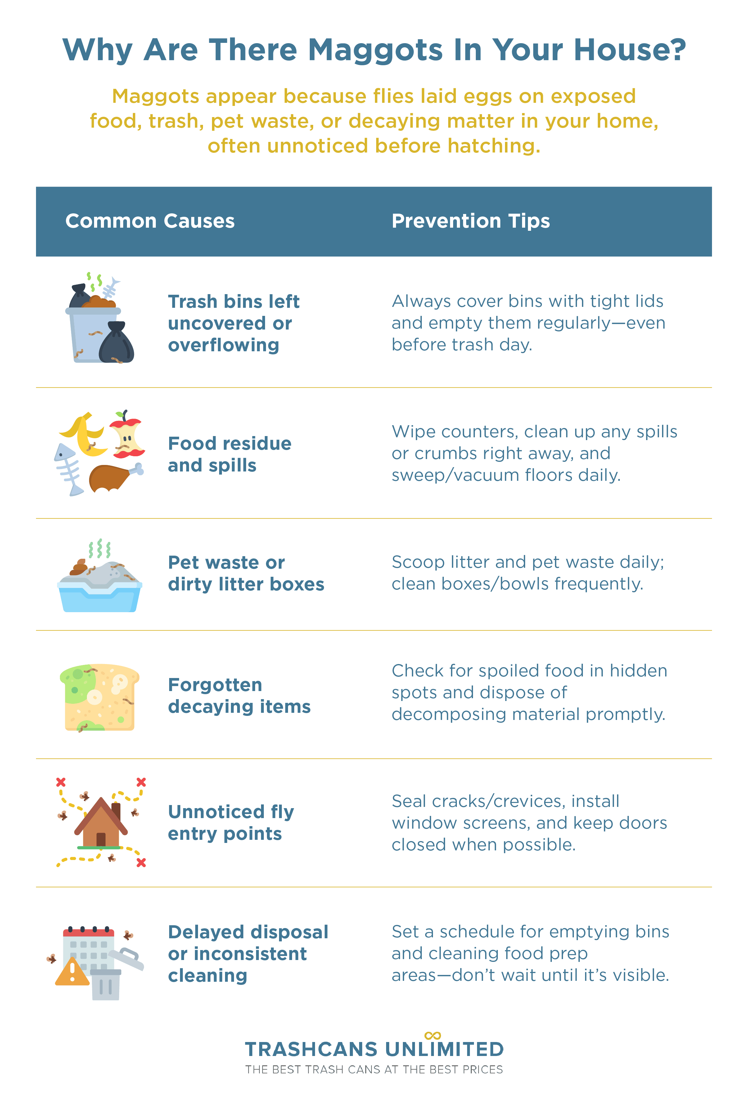 Why are there maggots in your house? Diagram shows fly egg causes like trash, food spills, and pet waste, with easy prevention tips.